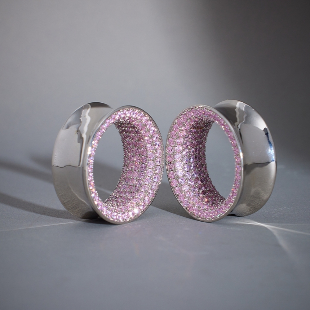 Pink Moissanite 14K White Gold Stars Shining Ear Gauge Tunnel(2Pcs) 7/16" 11mm